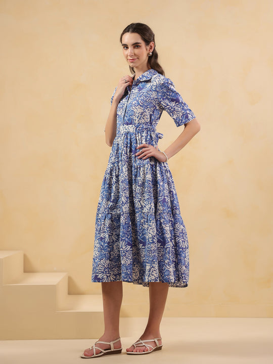 Blue Floral Printed Shirt Coller Dress