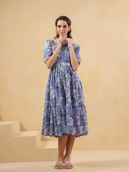 Blue Floral Printed Shirt Coller Dress