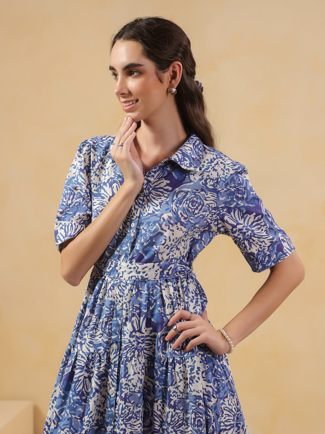 Blue Floral Printed Shirt Coller Dress