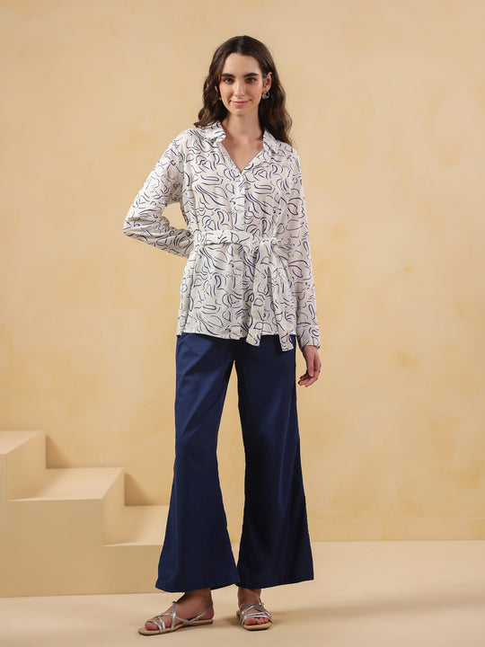 White Shirt Collar Viscose Rayon Shirt Printed Co-ords Set for Women