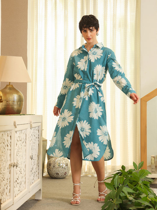 Blue Cotton Printed Shirt Collar Dress for Women