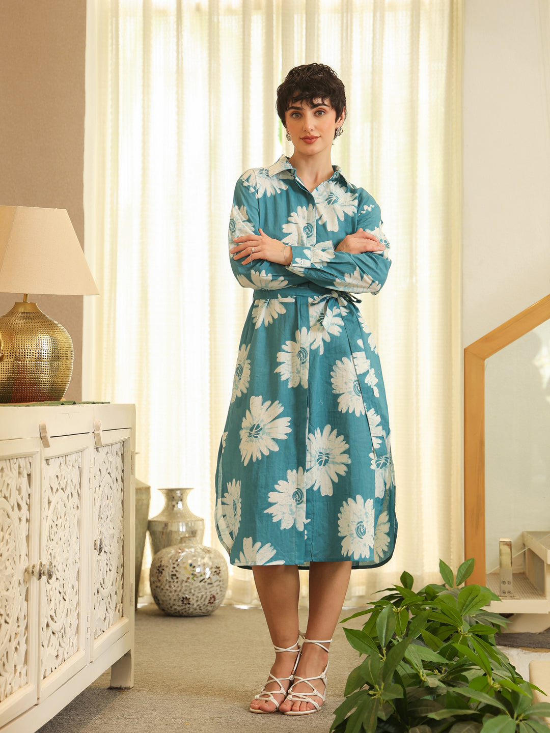Blue Cotton Printed Shirt Collar Dress for Women