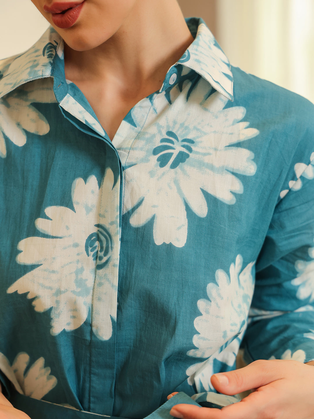 Blue Cotton Printed Shirt Collar Dress for Women - SanskrutiHomes 