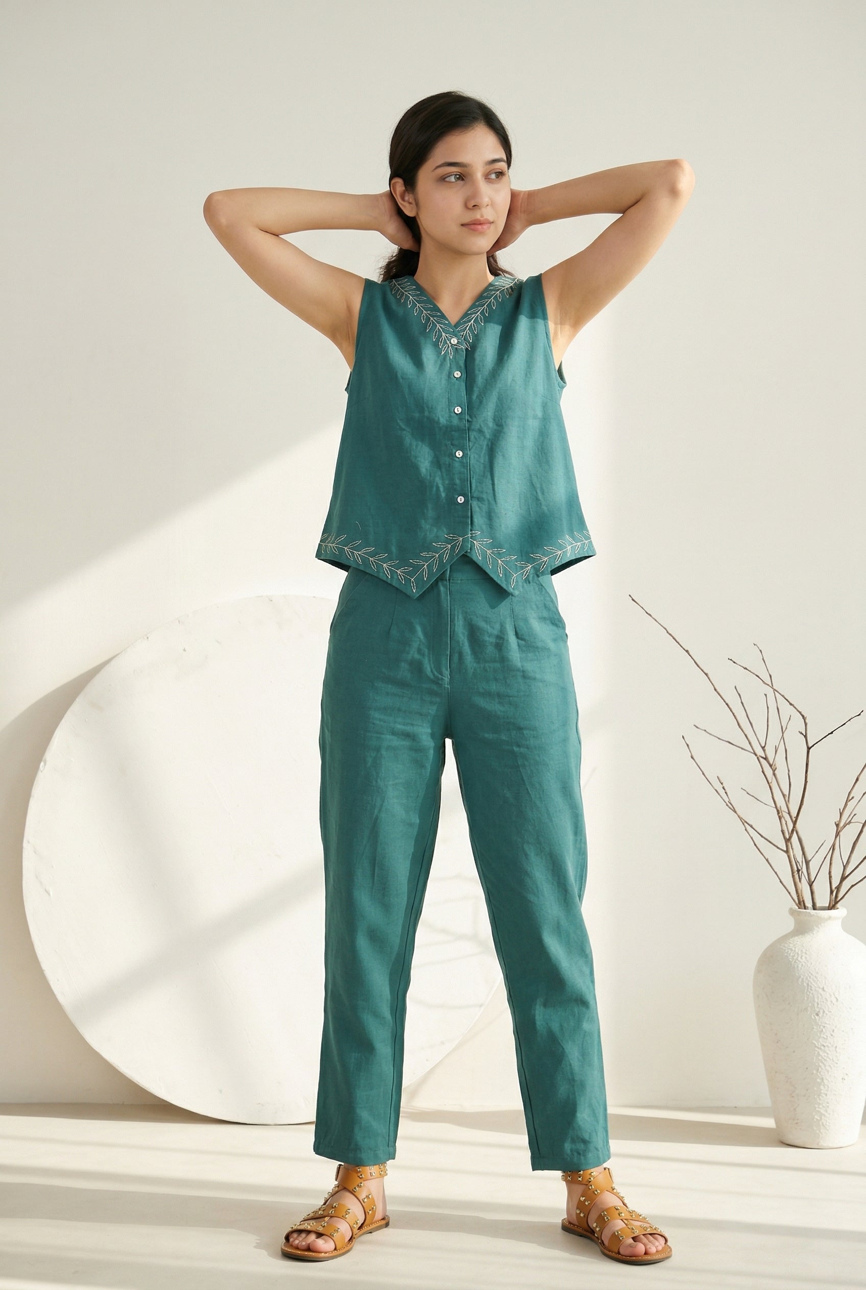 Teal Color V-Neck Solid Pure Cotton Co-ords Set for Women