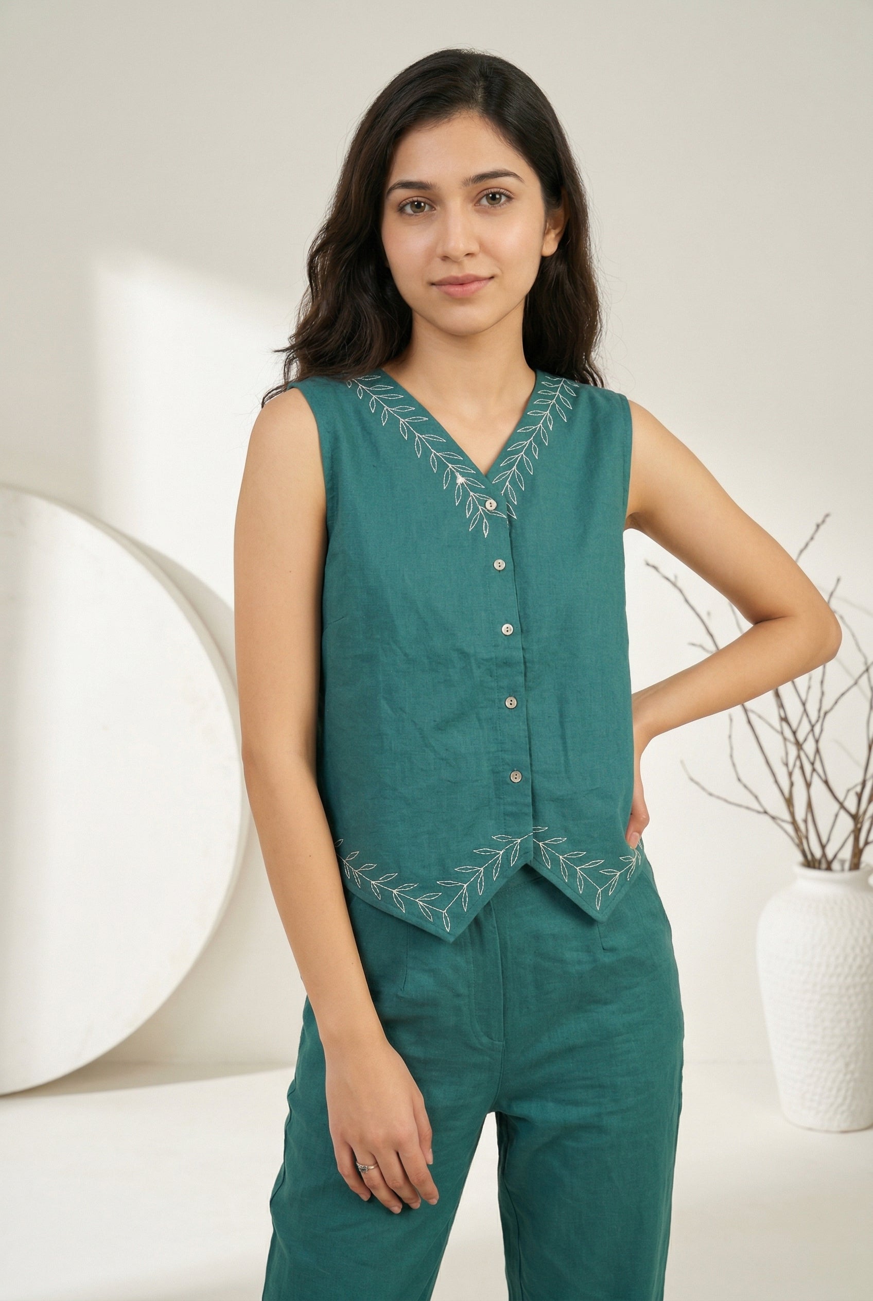 Teal Color V-Neck Solid Pure Cotton Co-ords Set for Women