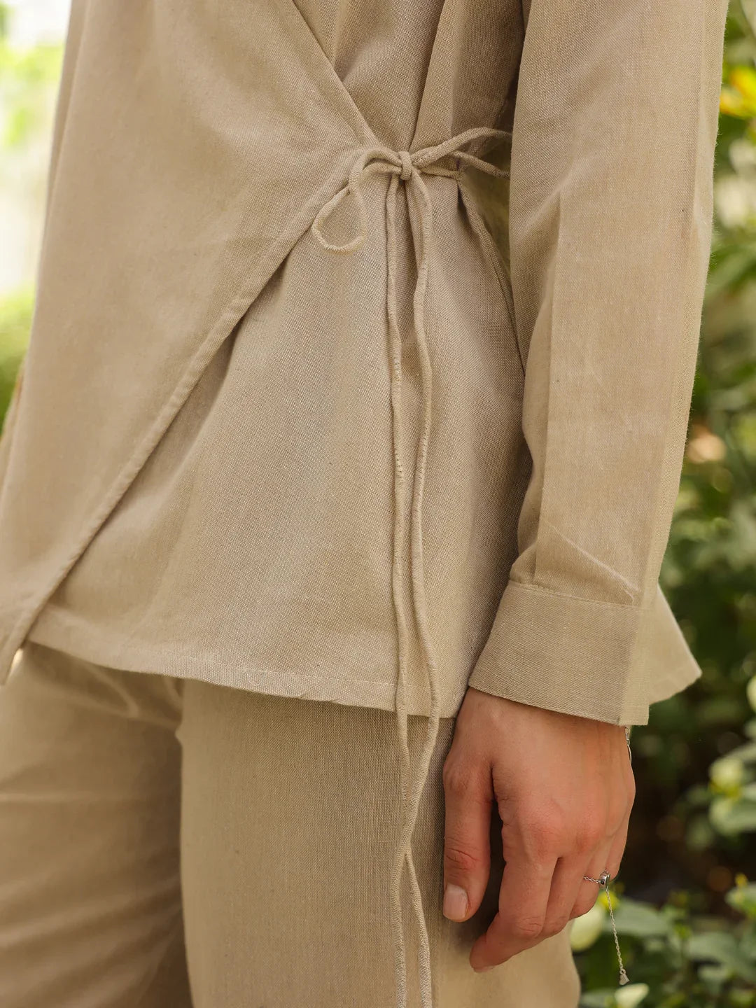 Beige Solid V-Neck Pure Cotton Co-Ord Set For Women