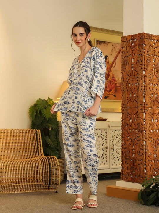 White V-Neck Pure Cotton Top Printed Co-ords Set for Women