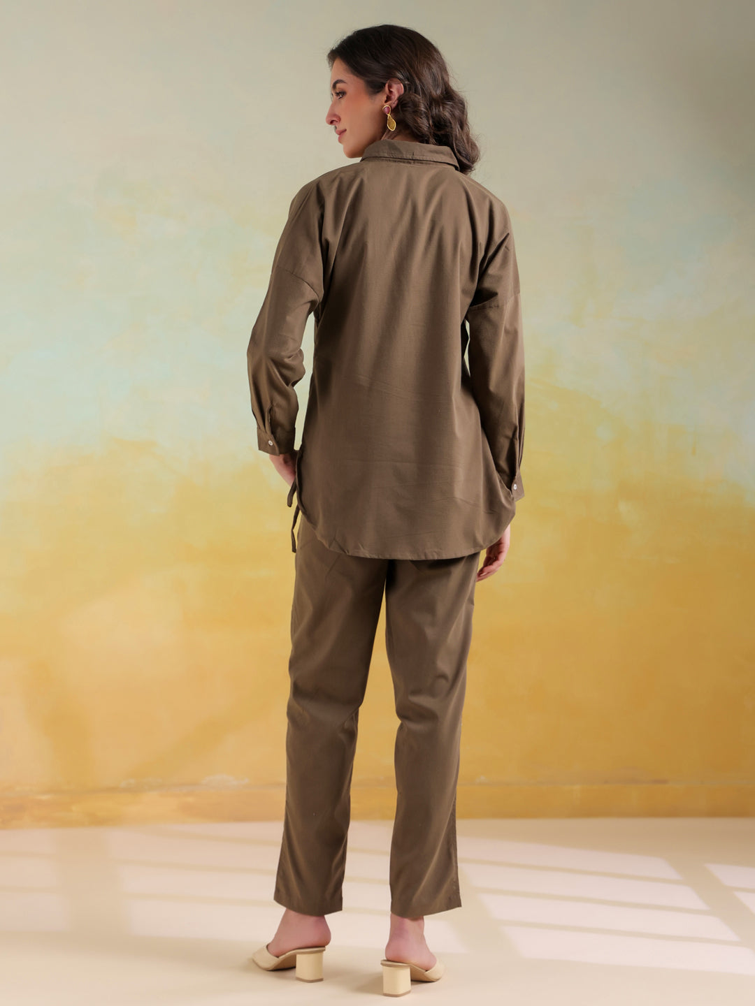 Camel Brown Color Shirt Collar Solid Co-Ords Set For Women
