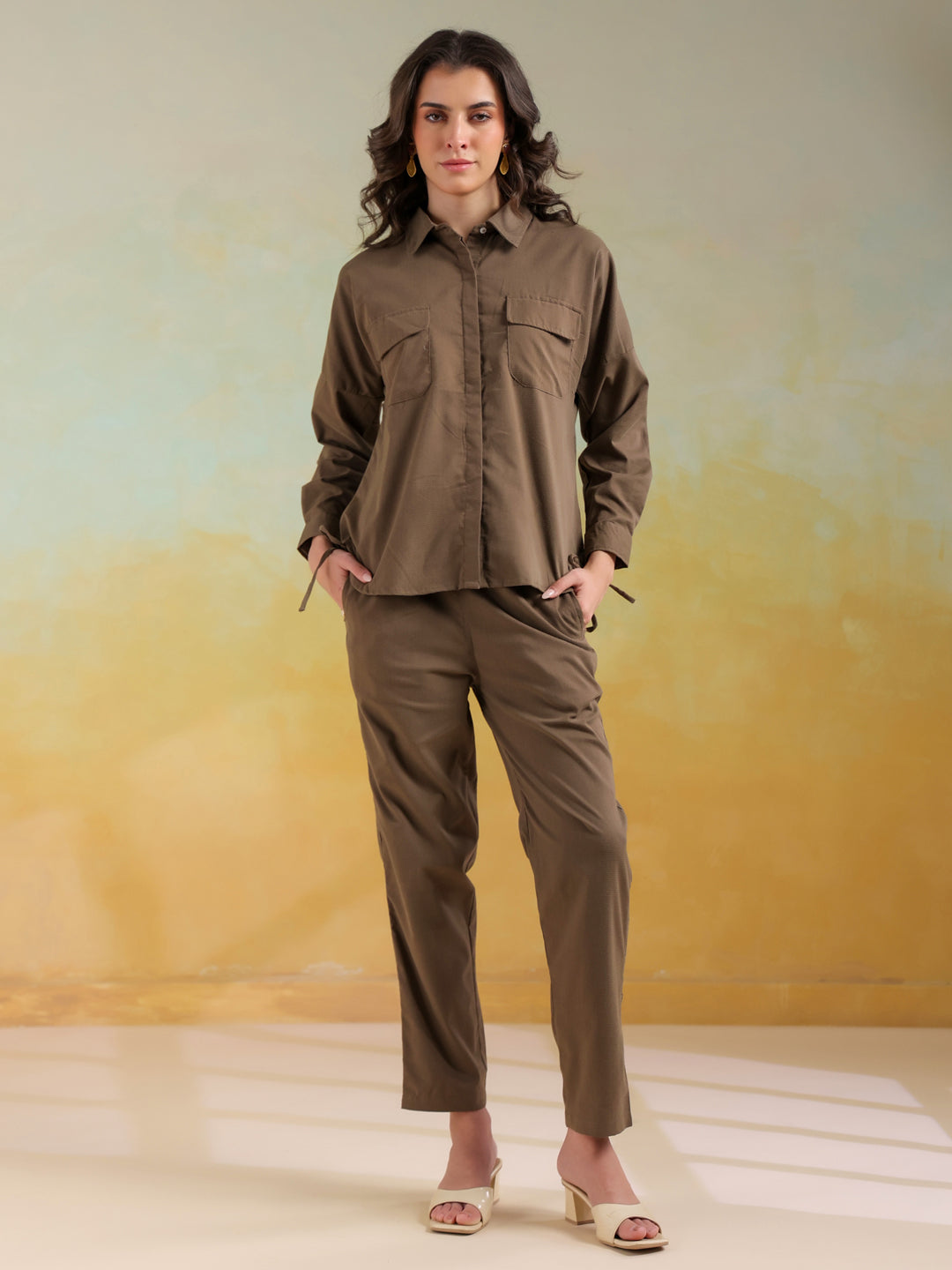 Camel Brown Color Shirt Collar Solid Co-Ords Set For Women