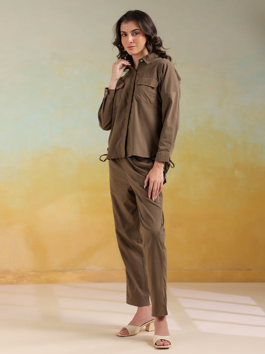 Camel Brown Color Shirt Collar Solid co-ords set for women