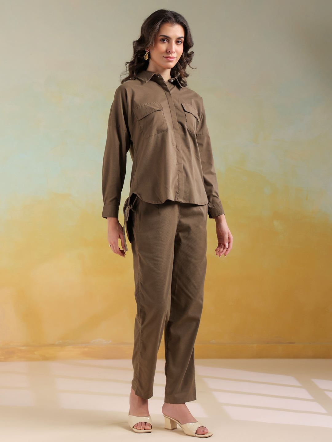 Camel Brown Color Shirt Collar Solid Co-Ords Set For Women