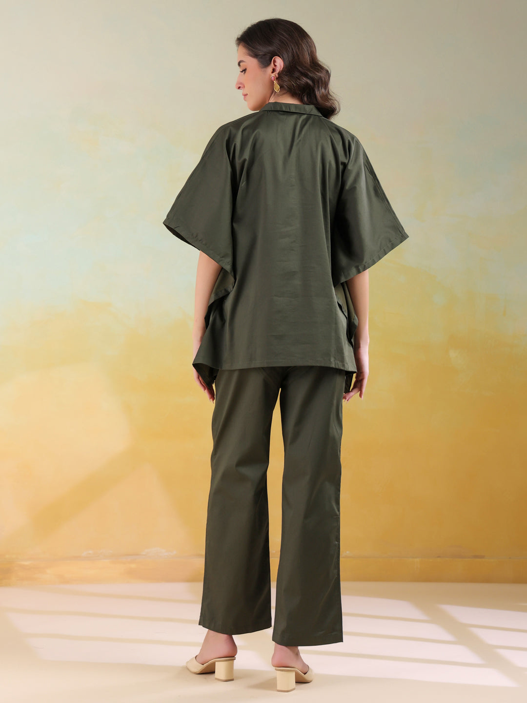 Olive Color Shirt Collar Denim Co-Ords Set For Women