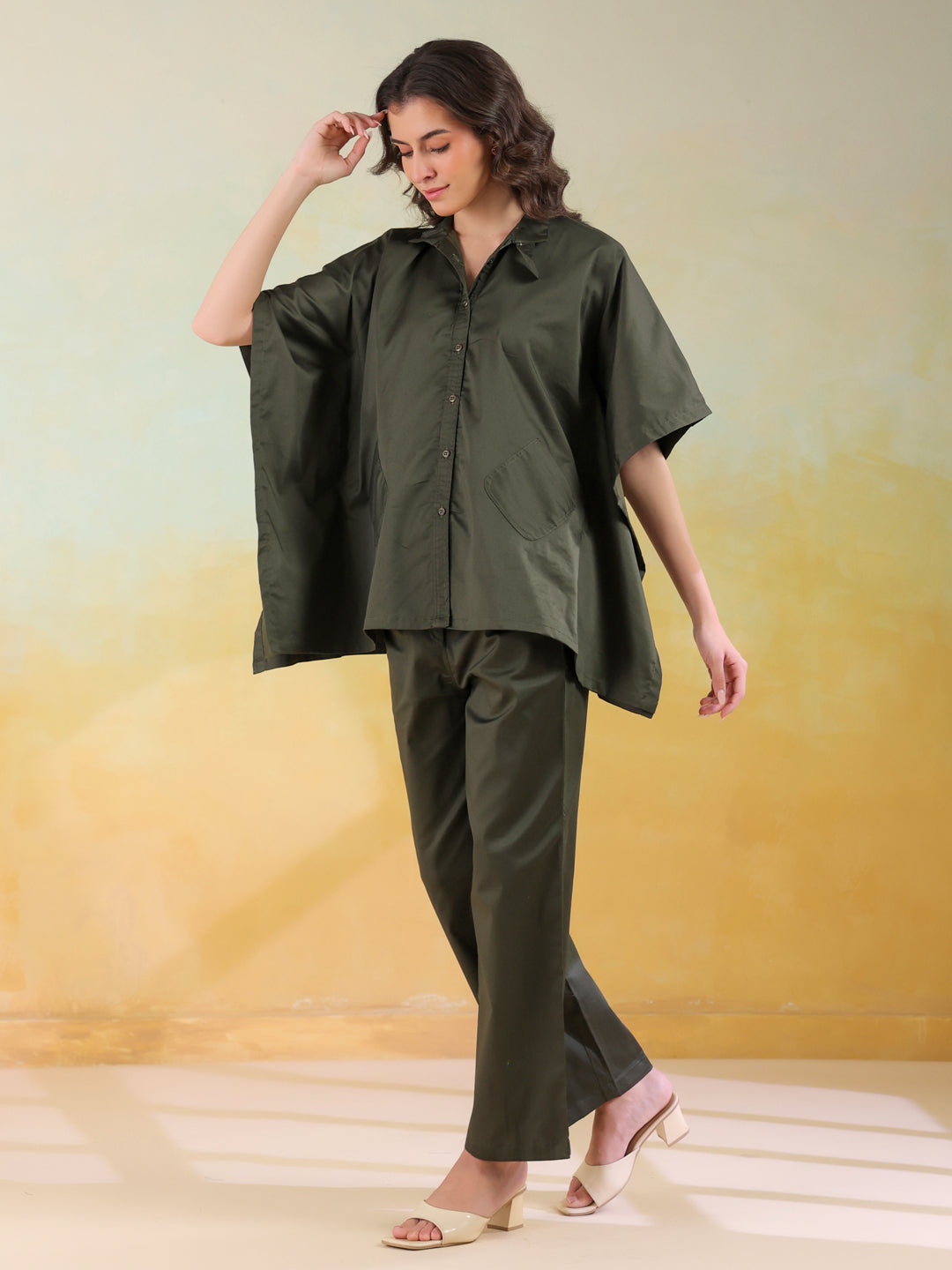 Olive Color Shirt Collar Dyed co-ords set for women
