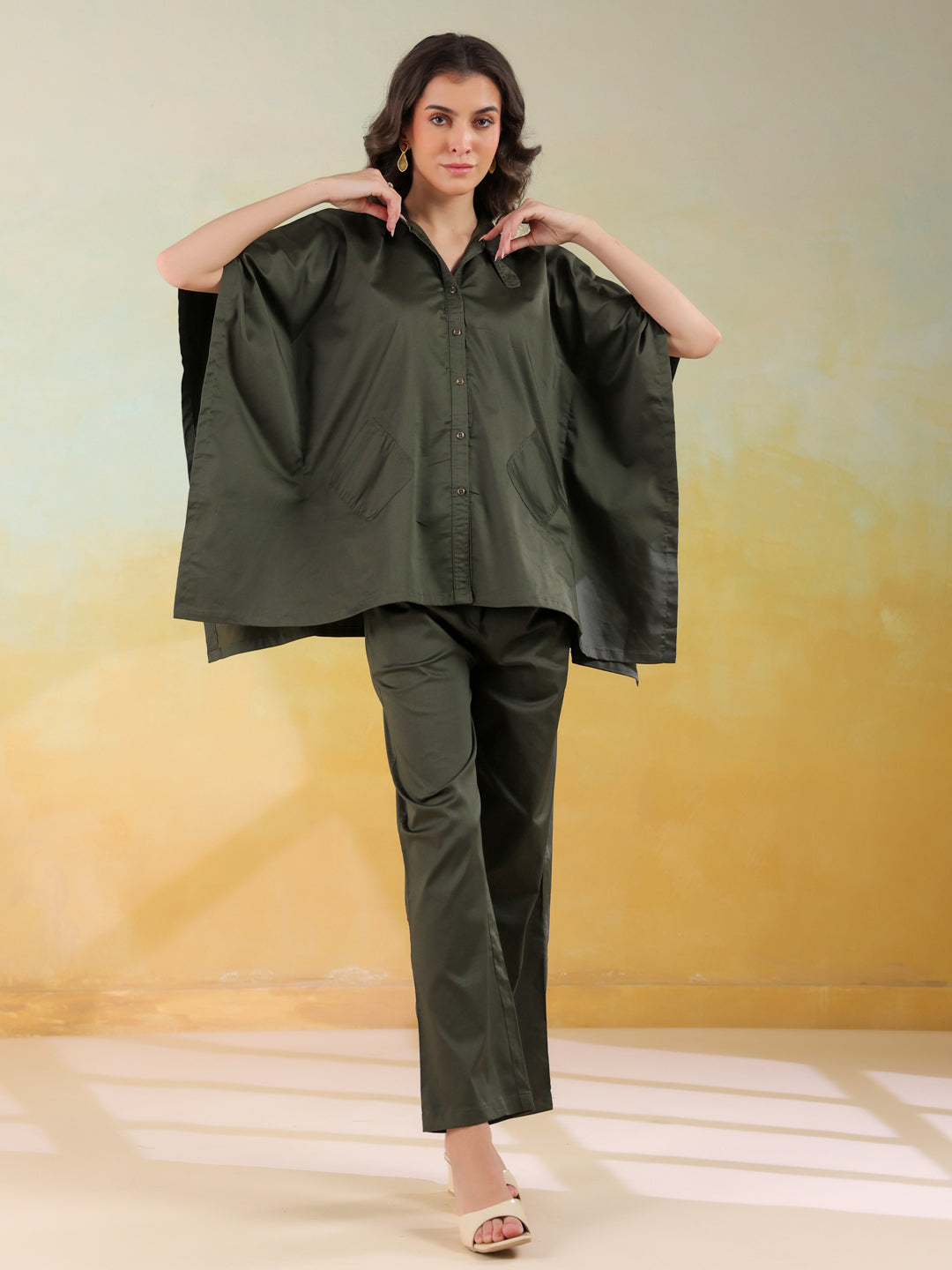 Olive Color Shirt Collar Dyed co-ords set for women