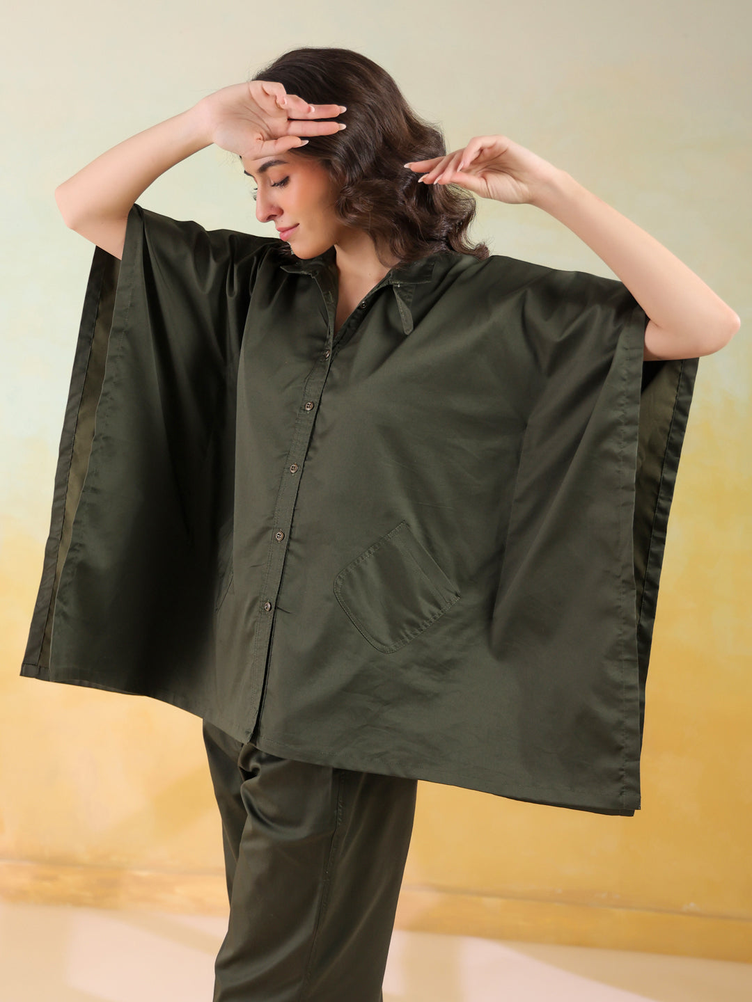 Olive Color Shirt Collar Dyed co-ords set for women