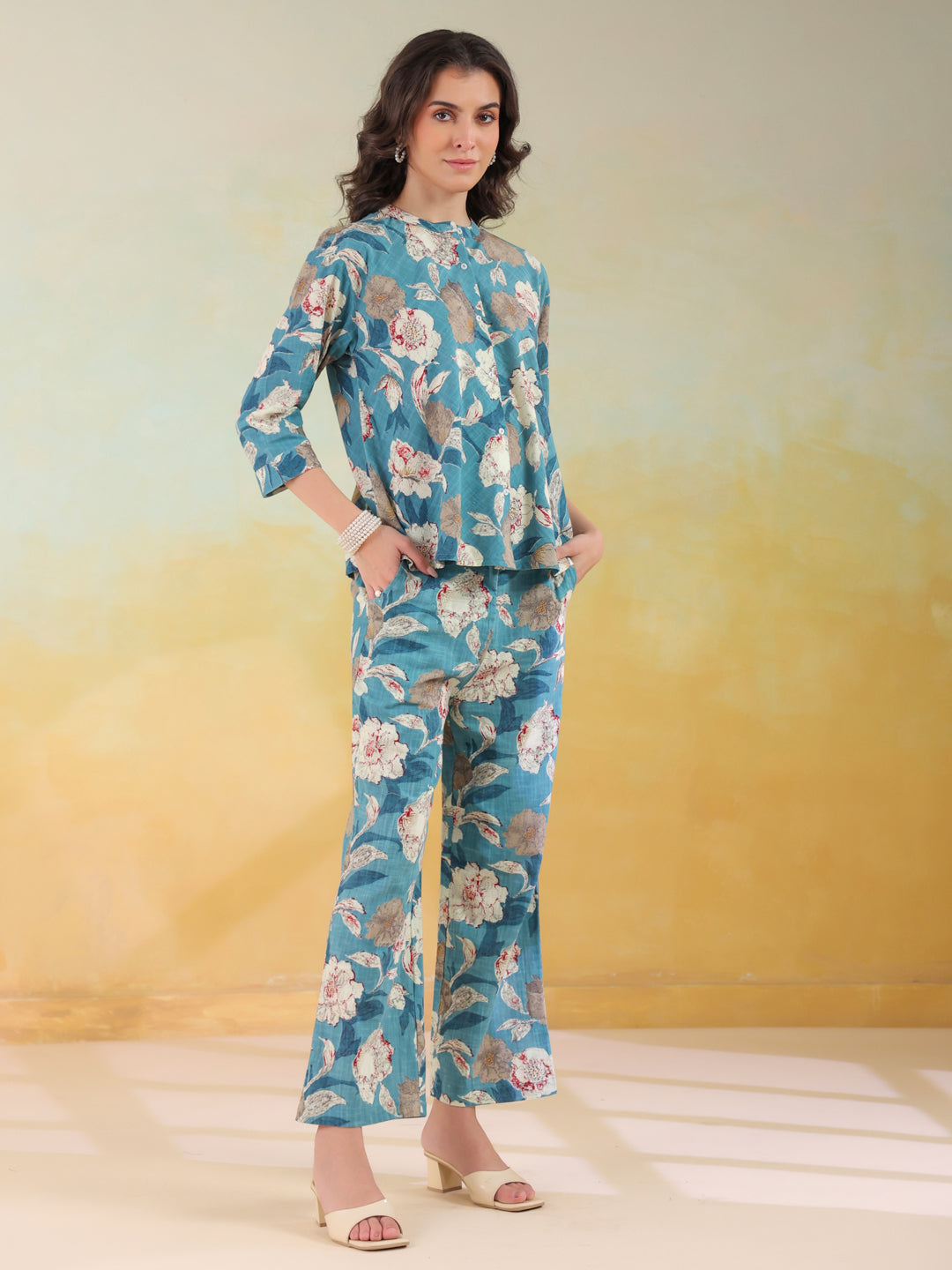 Blue Color Mandarin Collar Printed co-ords set for women