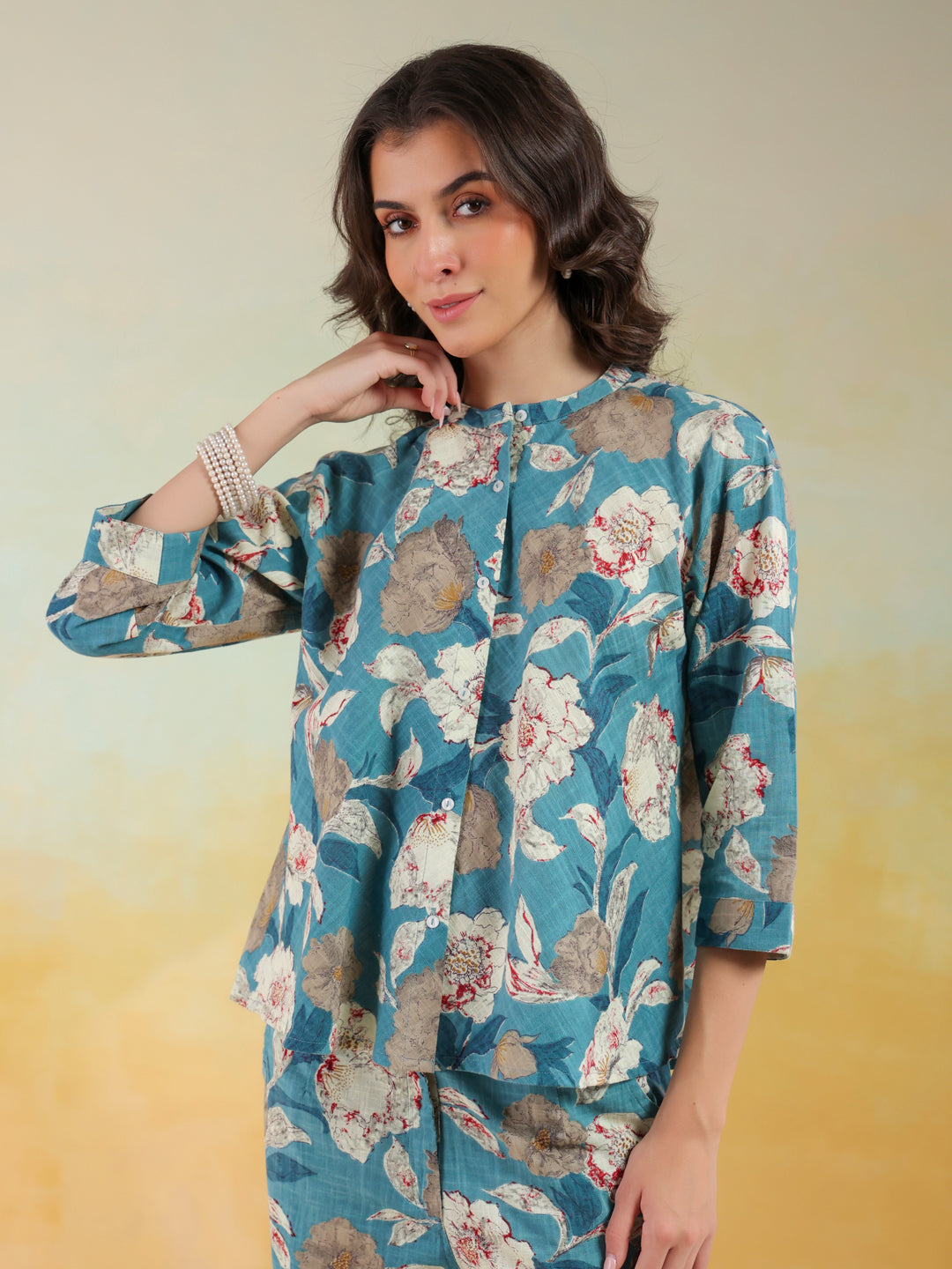 Blue Color Mandarin Collar Printed Co-Ords Set For Women