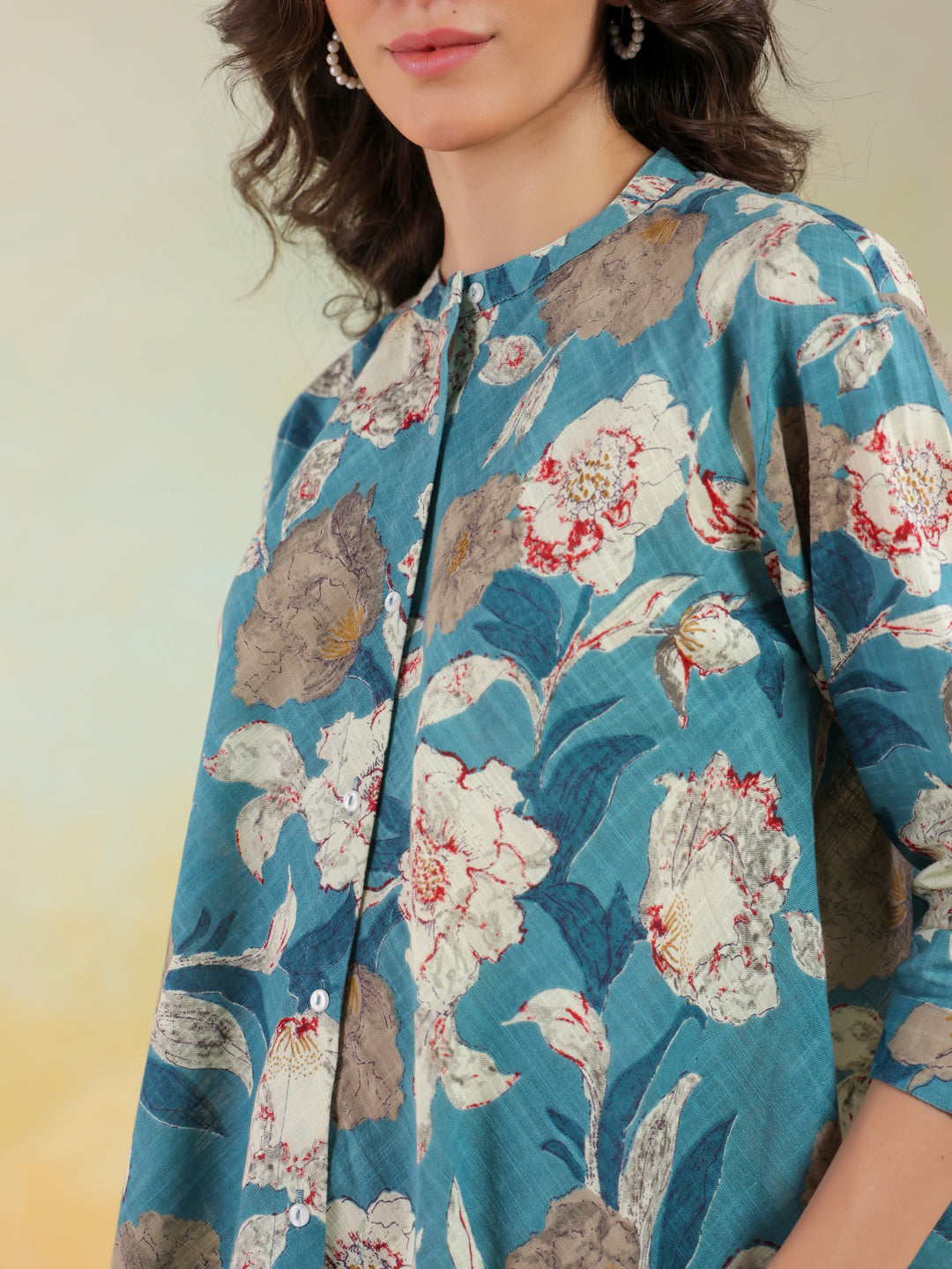 Blue Color Mandarin Collar Printed Co-Ords Set For Women