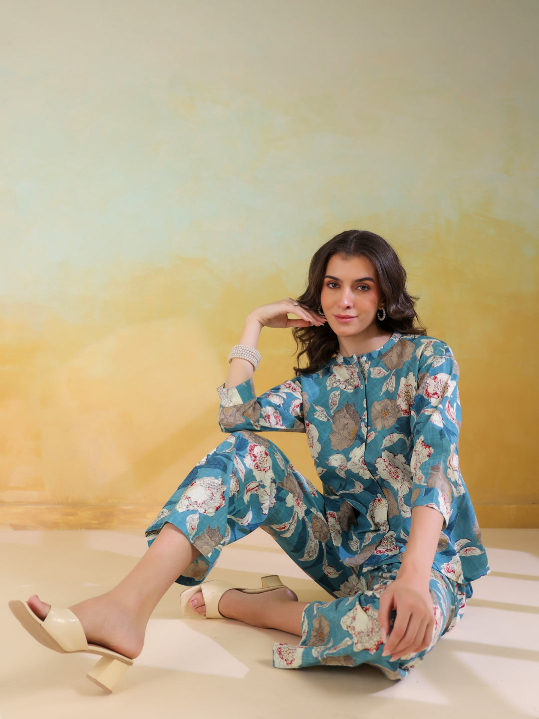 Blue Color Mandarin Collar Printed Co-Ords Set For Women