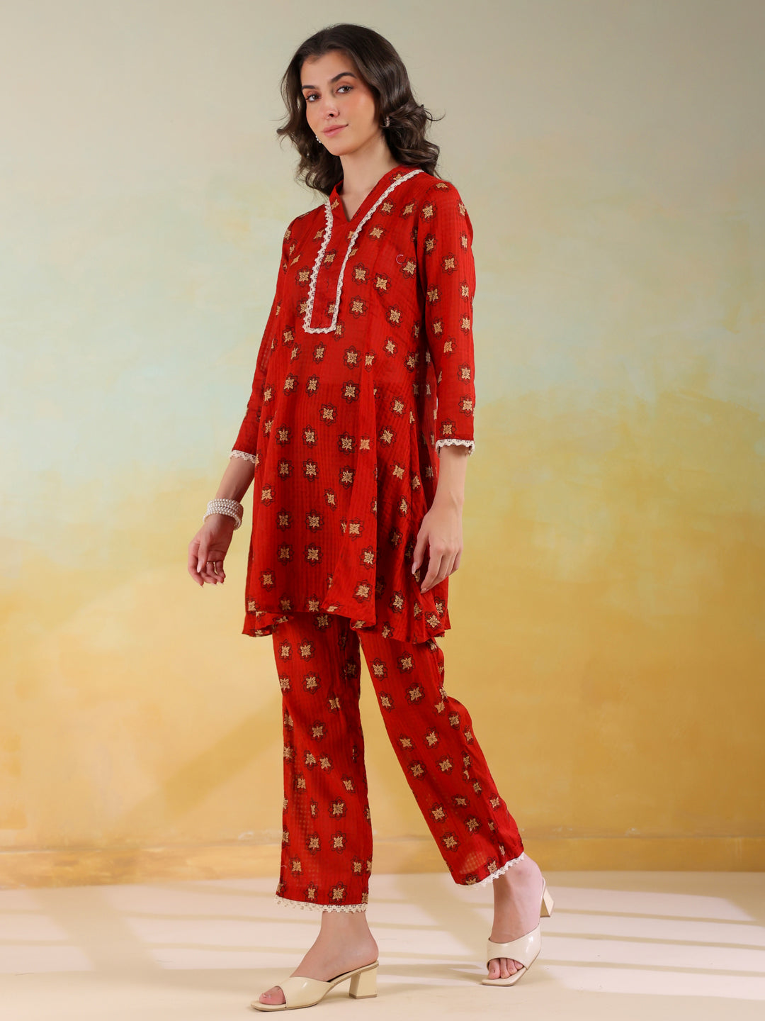 Red V-Neck Pure Cotton Printed Co-Ords Set For Women