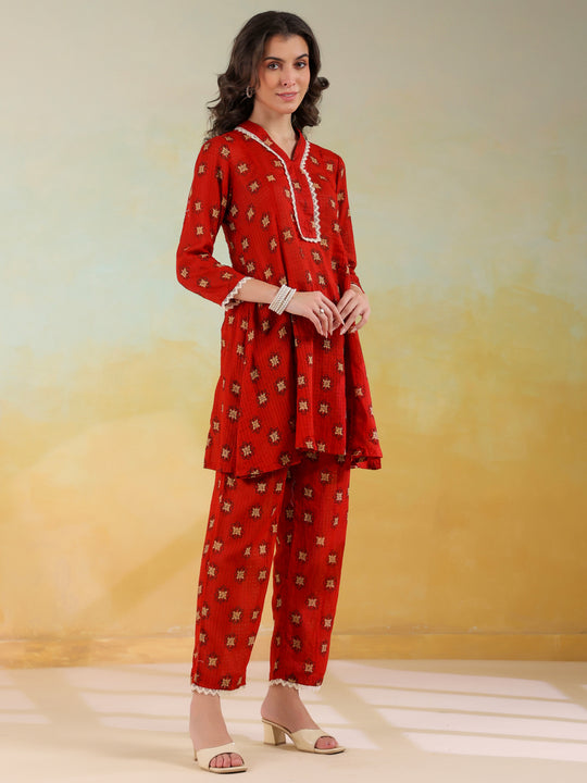 Red V-Neck Pure Cotton Printed Co-ords Set for Women
