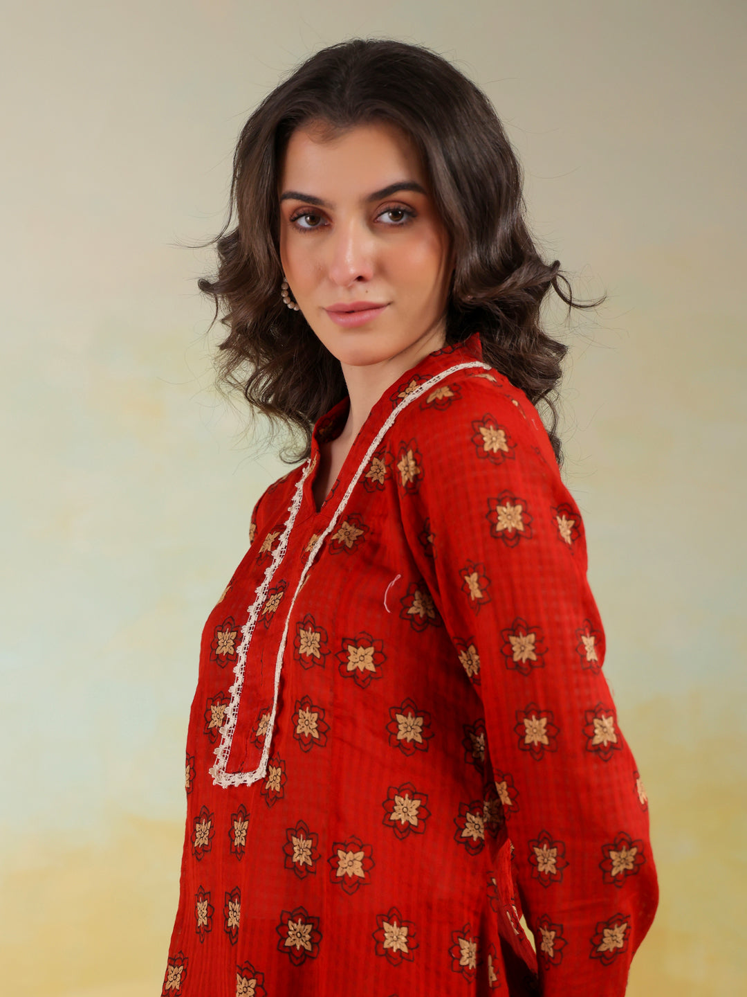 Red V-Neck Pure Cotton Printed Co-Ords Set For Women