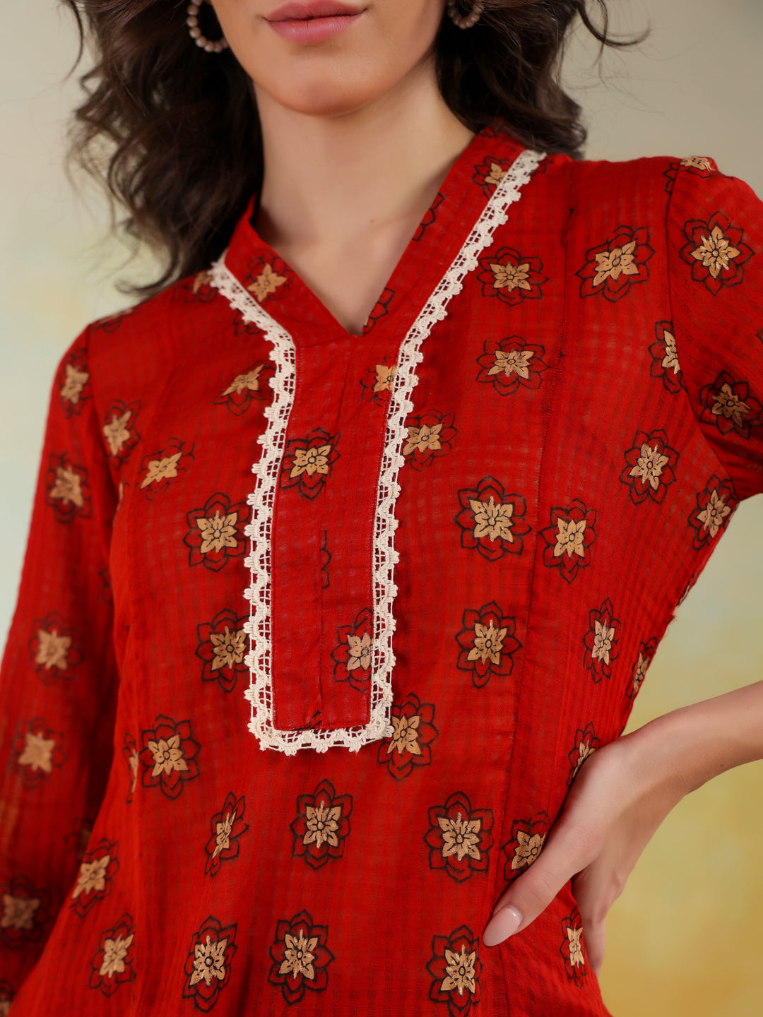 Red V-Neck Pure Cotton Printed Co-ords Set for Women