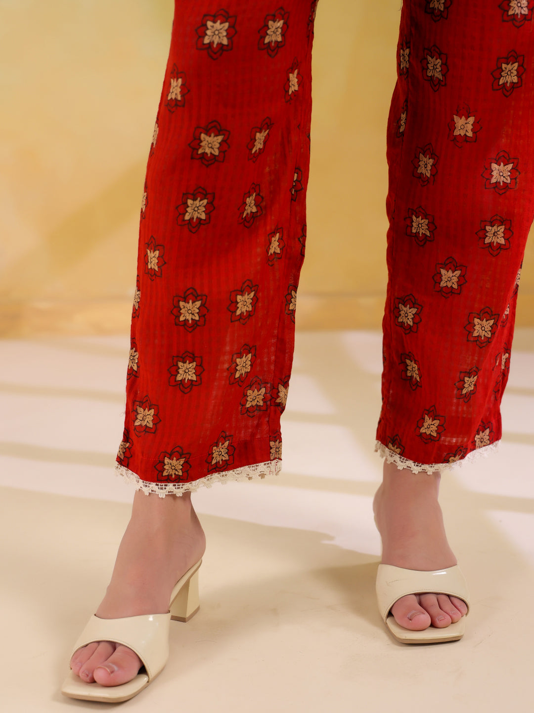 Red V-Neck Pure Cotton Printed Co-Ords Set For Women