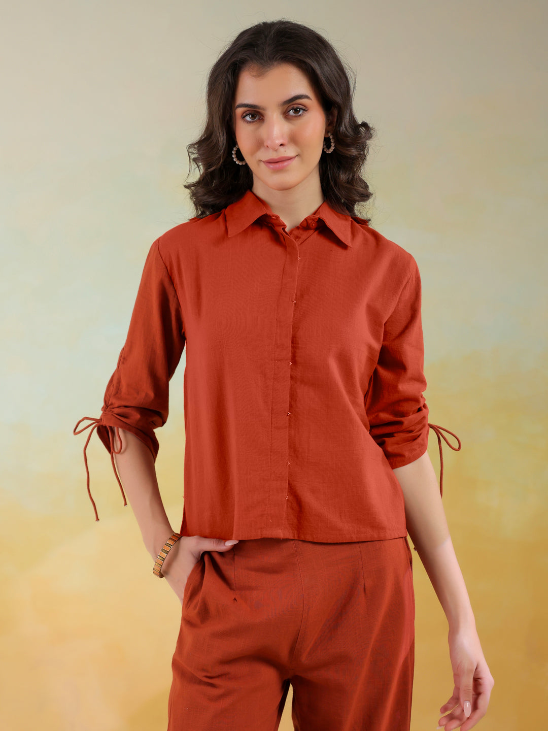 Rust Color Shirt Collar Solid Co-Ords Set For Women