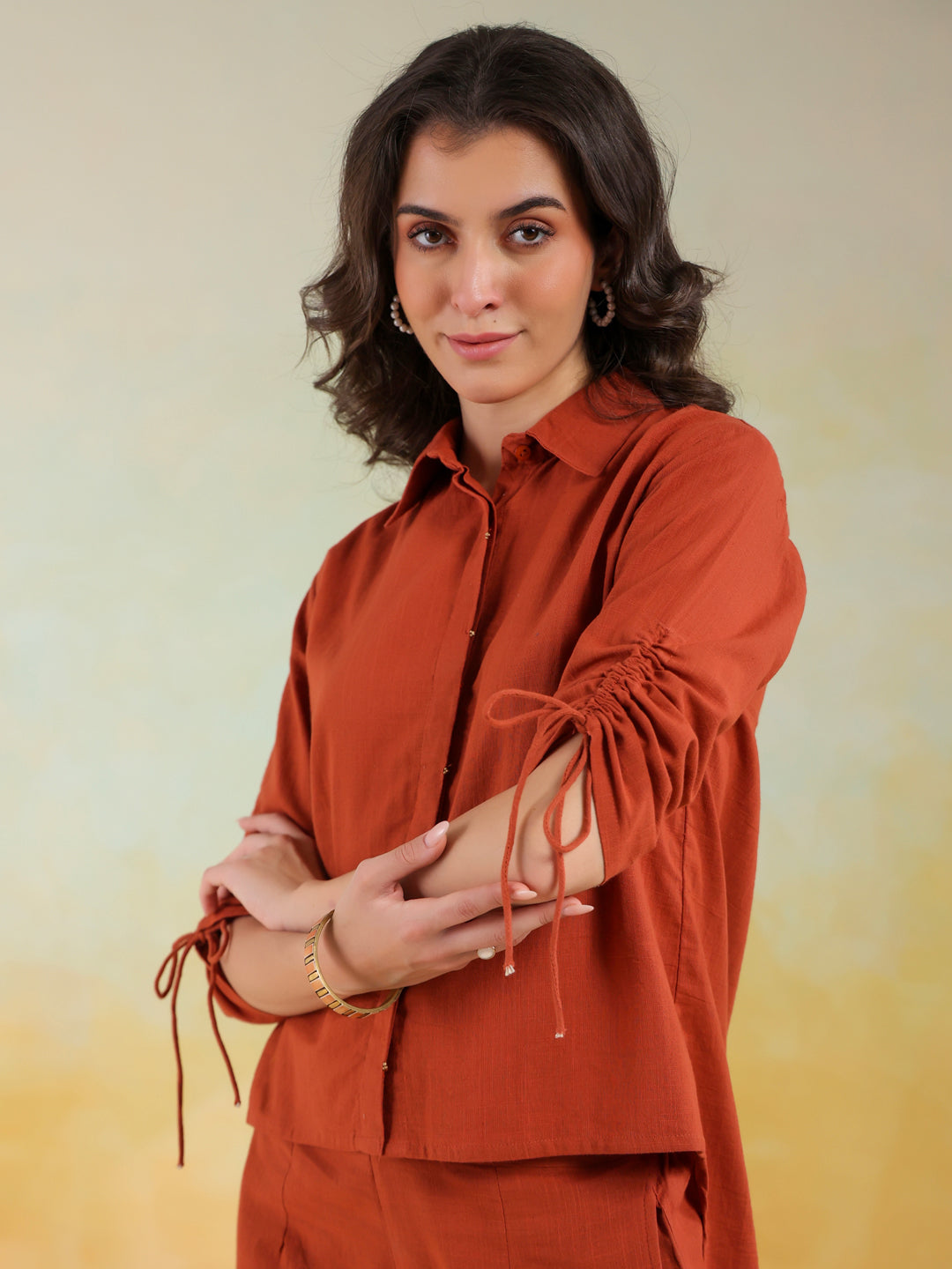 Rust Color Shirt Collar Solid co-ords set for women