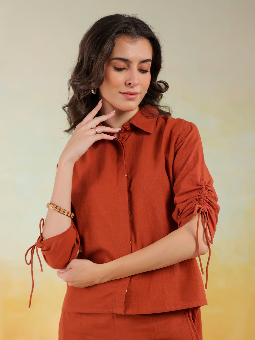 Rust Color Shirt Collar Solid co-ords set for women