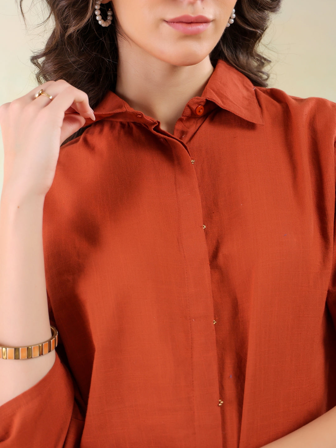 Rust Color Shirt Collar Solid Co-Ords Set For Women