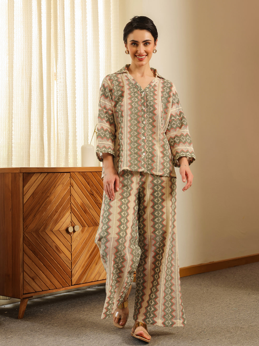Cream Shirt Collar Cotton Blend Shirt Self Design Co-ords Set for Women