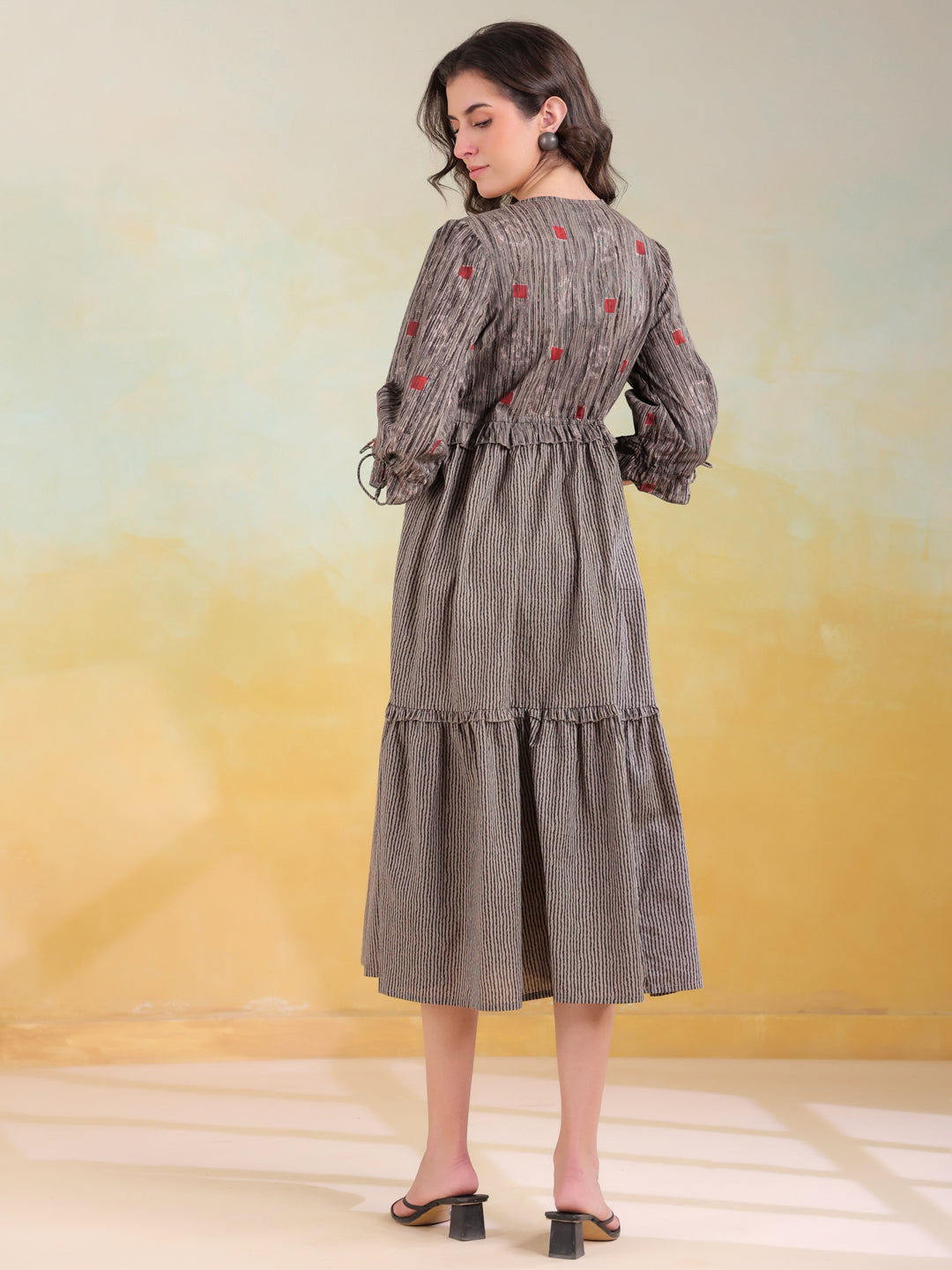 Grey Cotton V-Neck Printed Dress for Women