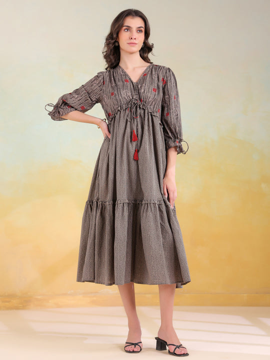 Grey Cotton V-Neck Printed Dress for Women