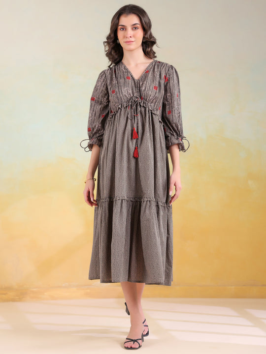 Grey Cotton V-Neck Printed Dress for Women