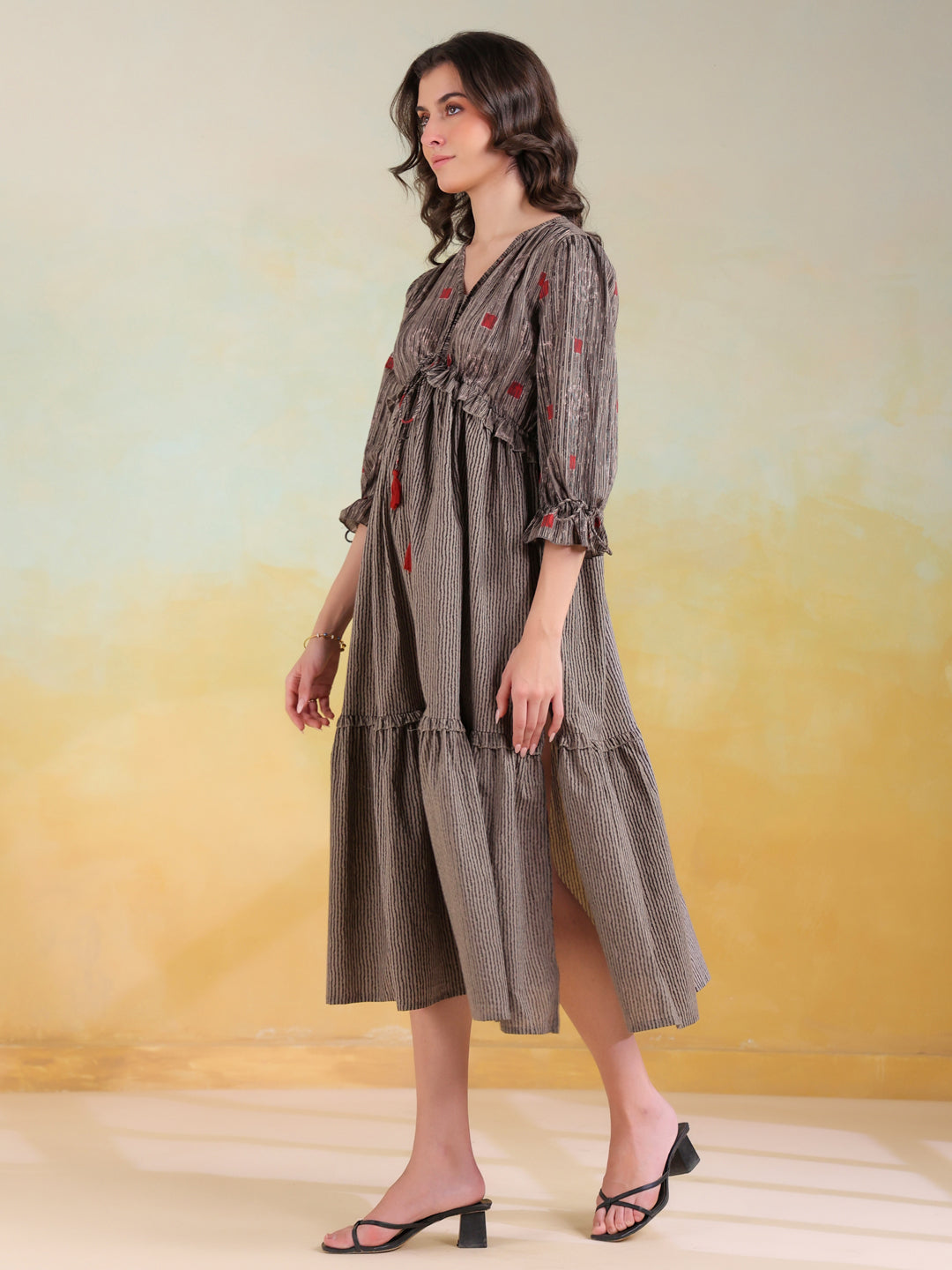 Grey Cotton V-Neck Printed Dress for Women