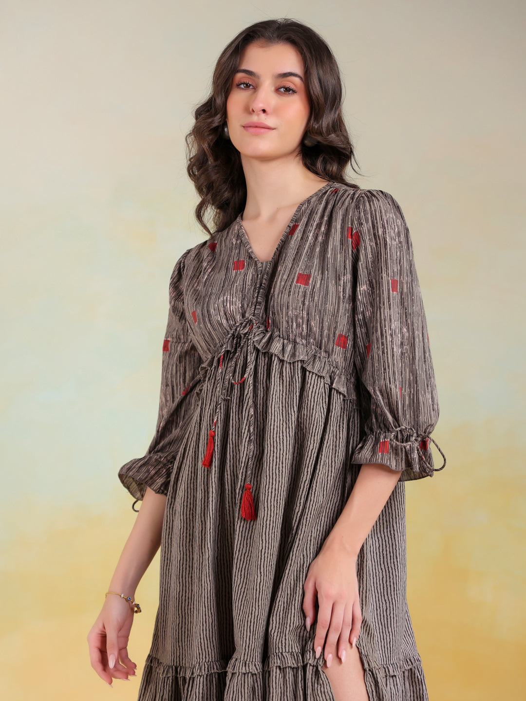 Grey Cotton V-Neck Printed Dress for Women