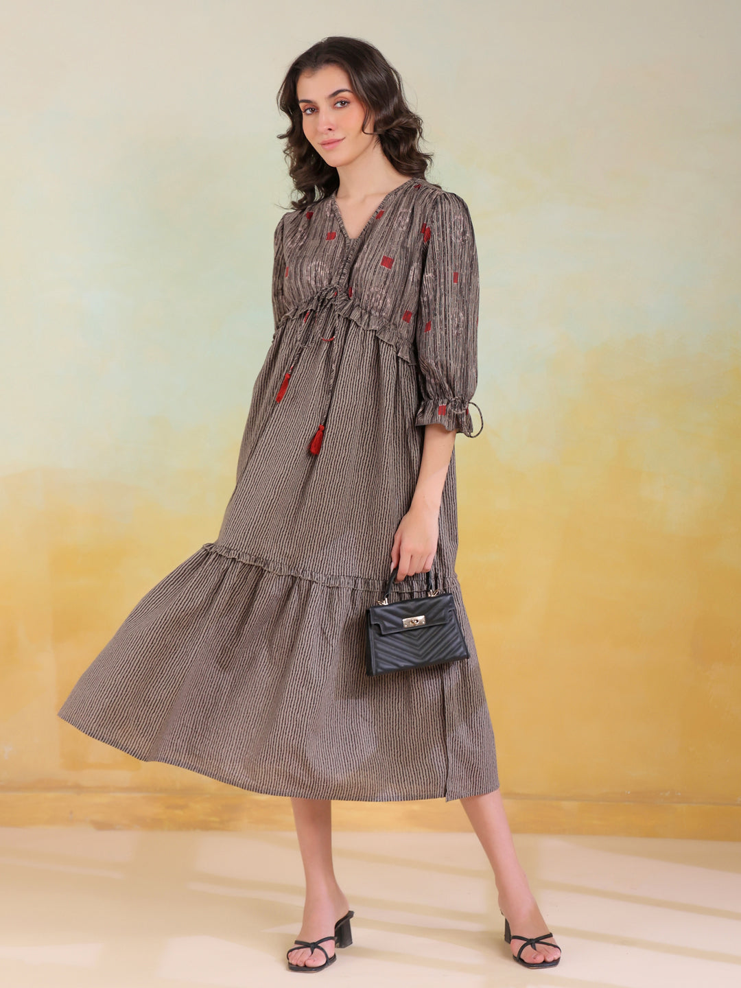 Grey Cotton V-Neck Printed Dress for Women