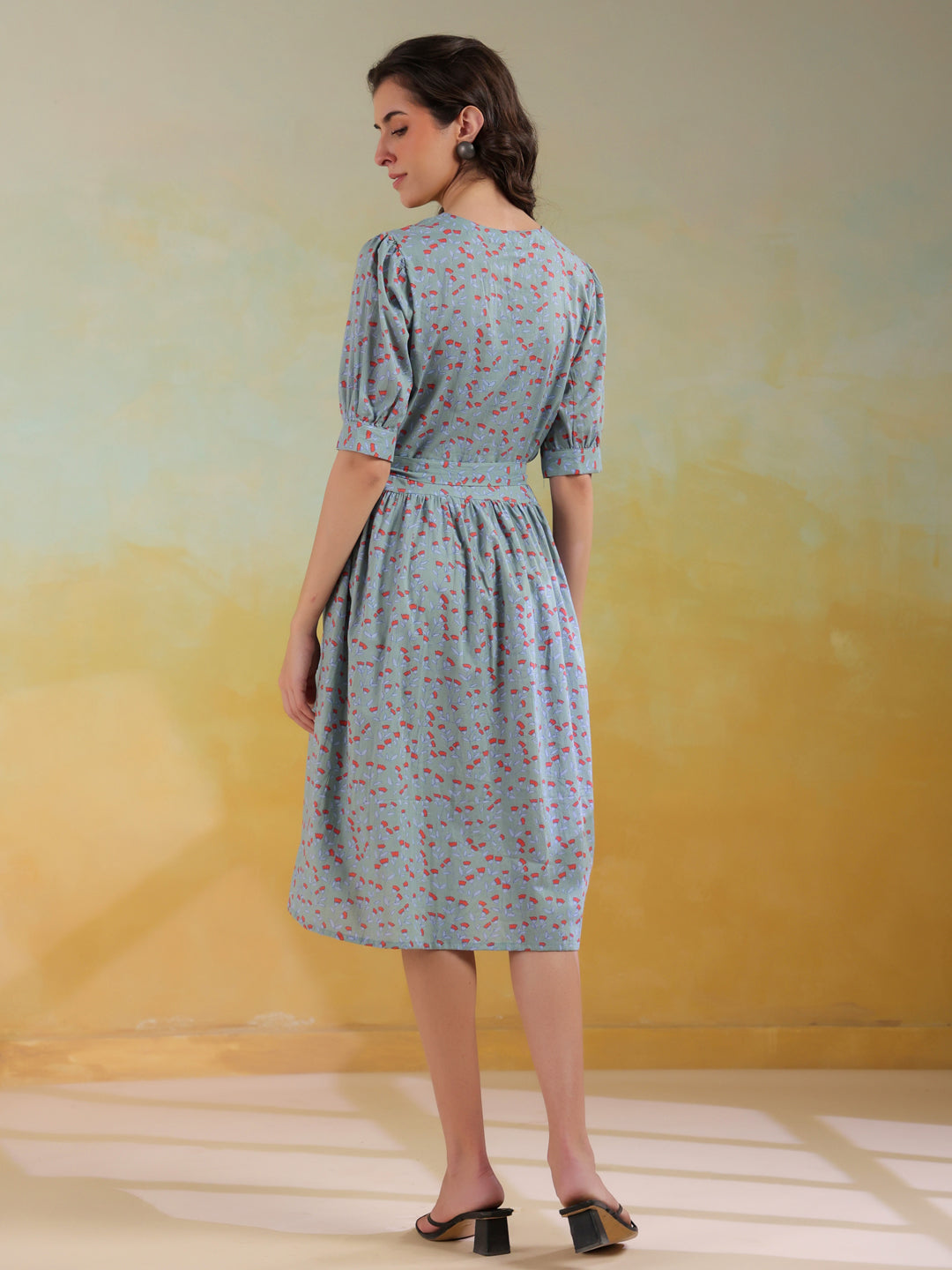 Blue Color Floral Printed Cotton Dress For Women