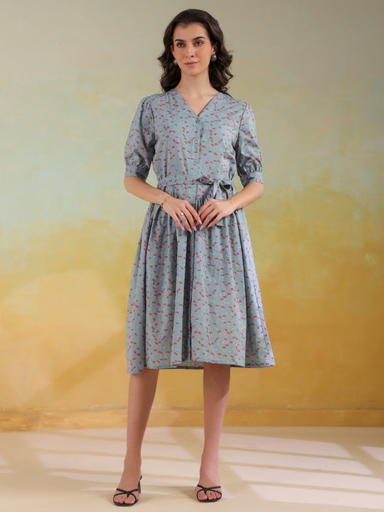 Blue Color Floral Printed Cotton dress for women