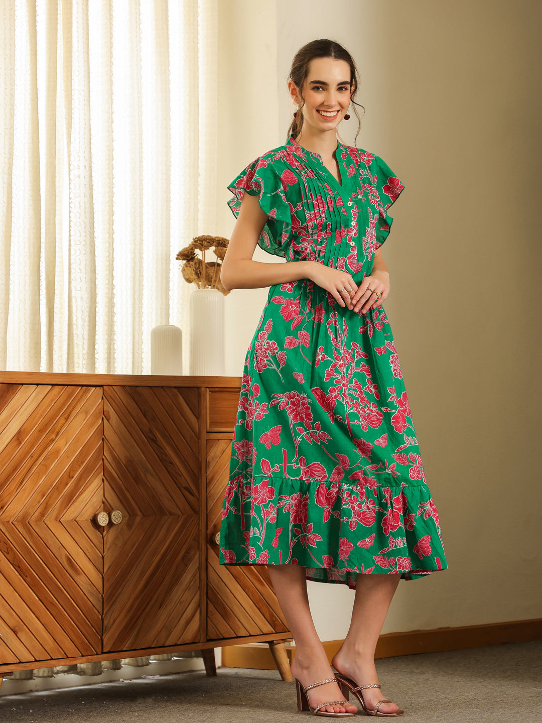Green Cotton Printed Round Neck Dress For Women