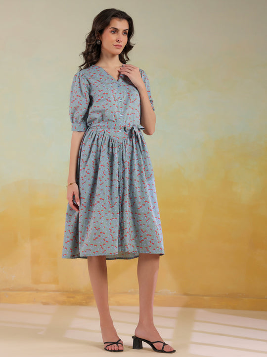 Blue Color Floral Printed Cotton dress for women