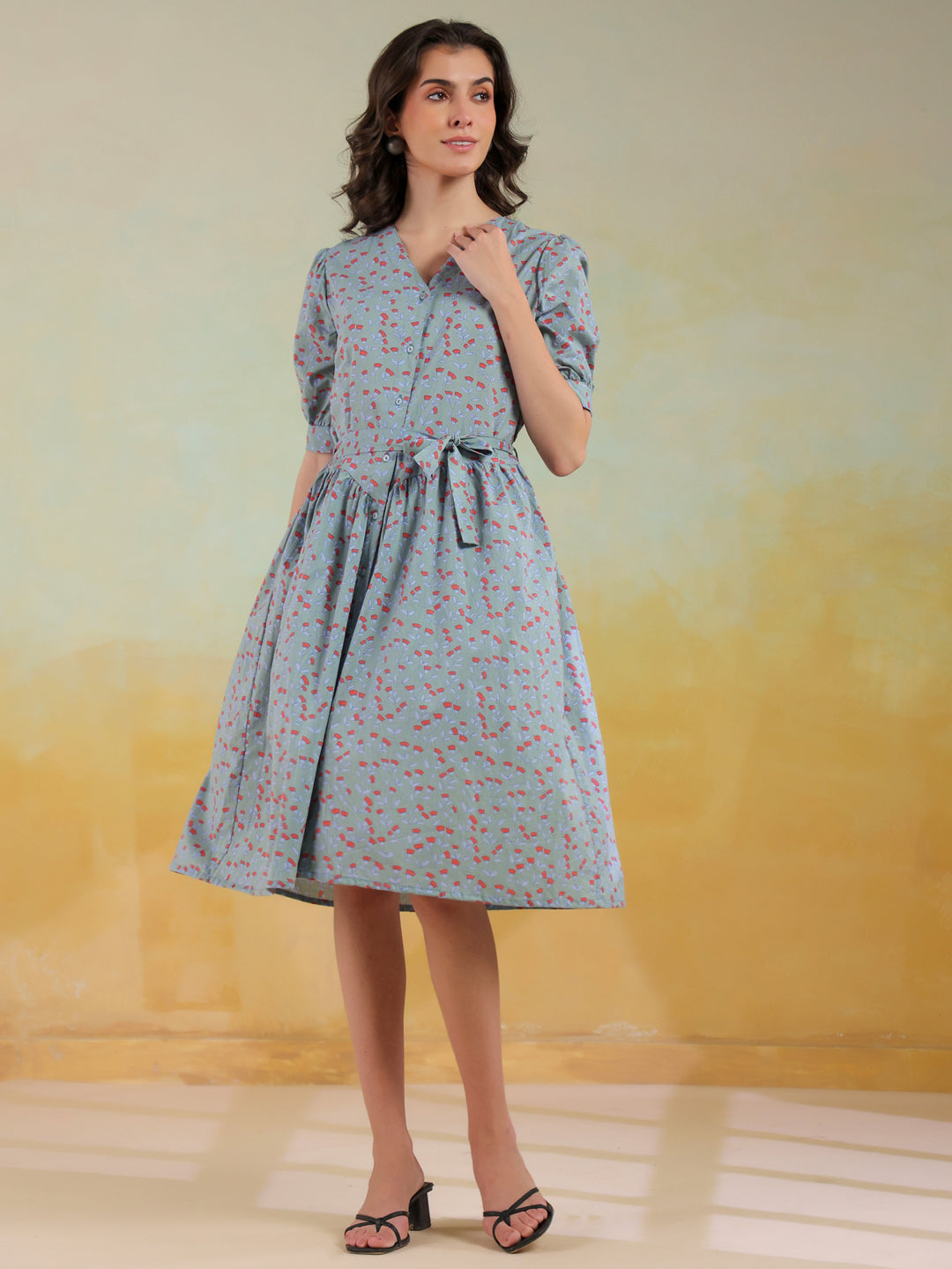 Blue Color Floral Printed Cotton Dress For Women