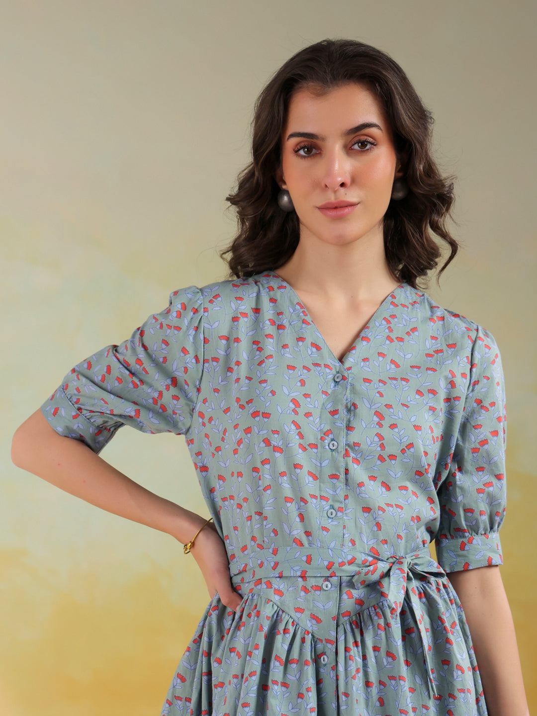 Blue Color Floral Printed Cotton Dress For Women