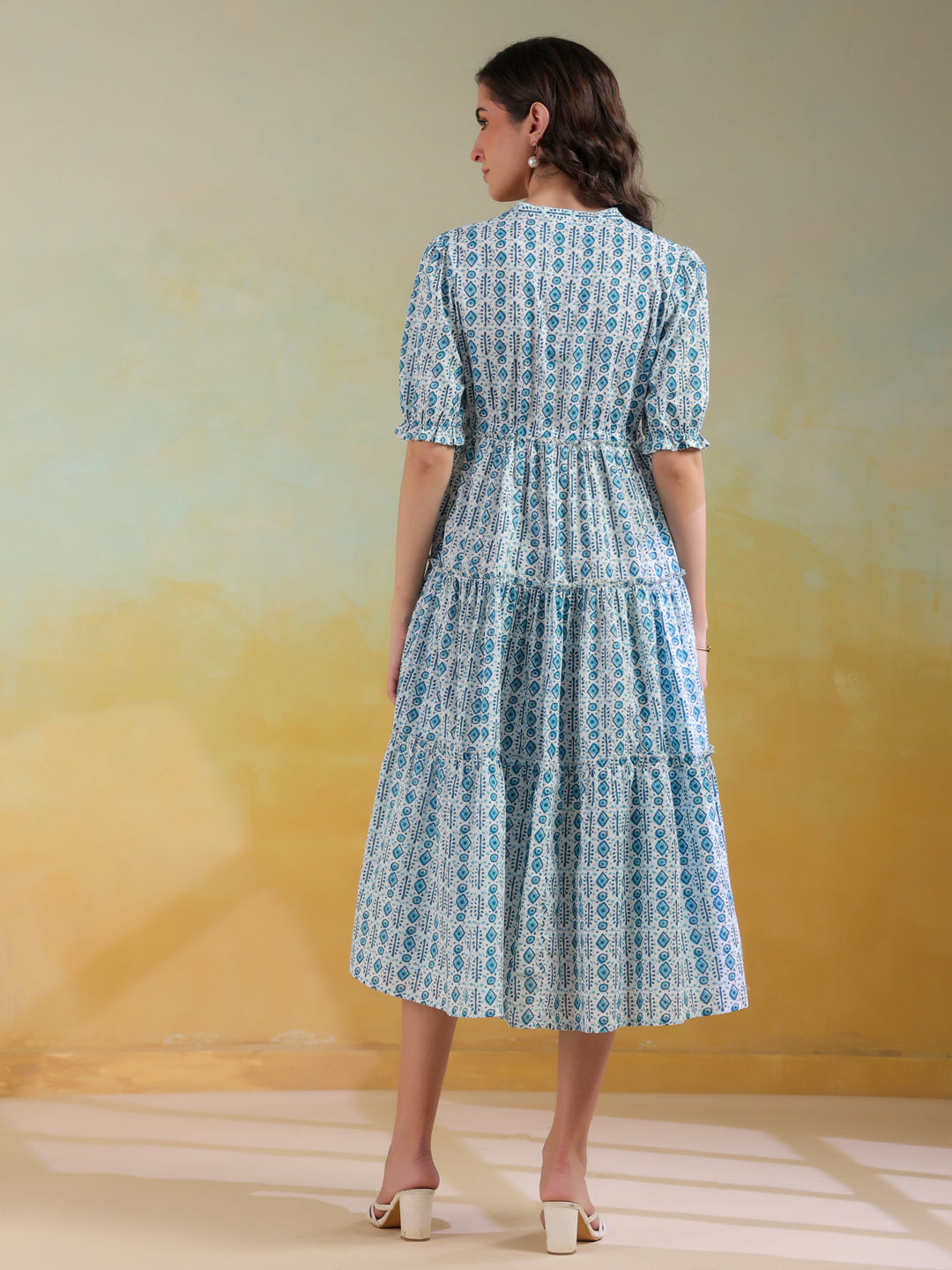 Blue Color Geometric Printed Cotton Dress For Women
