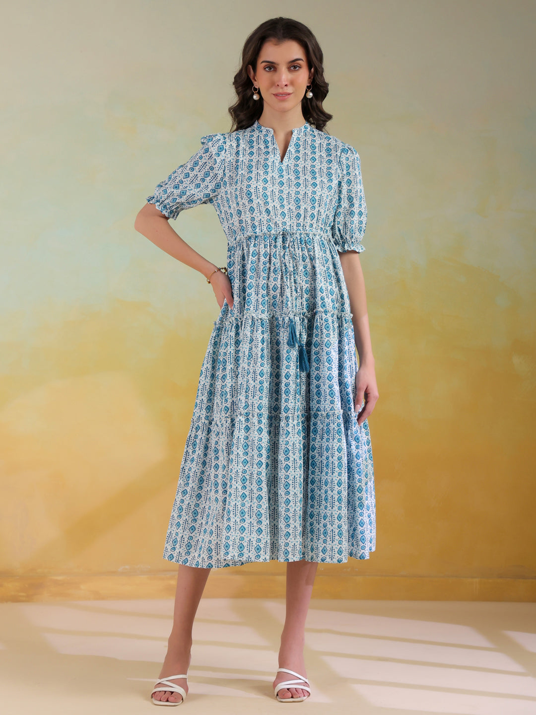 Blue Color Geometric Printed Cotton Dress For Women