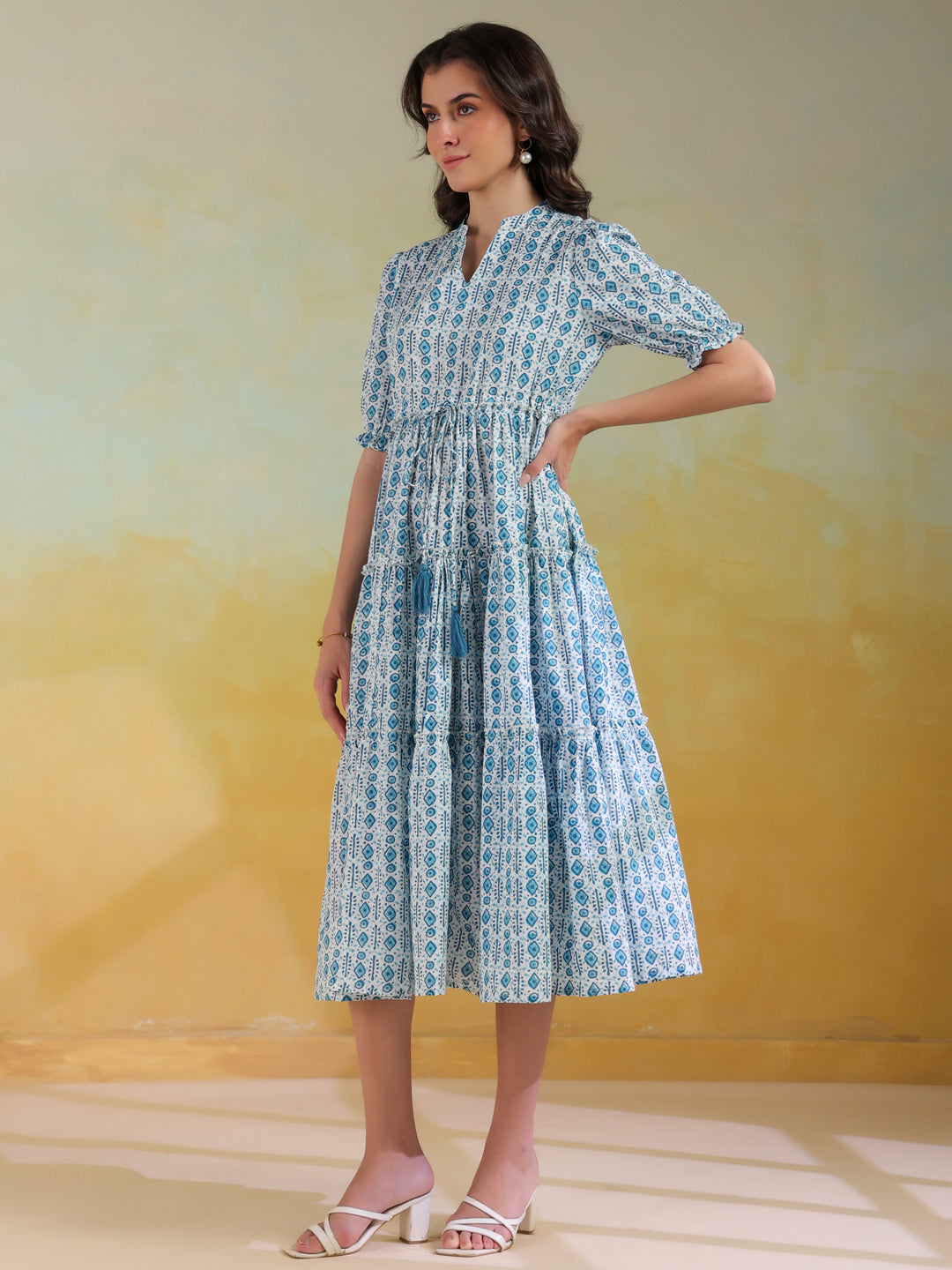 Blue Color Geometric Printed Cotton Dress For Women