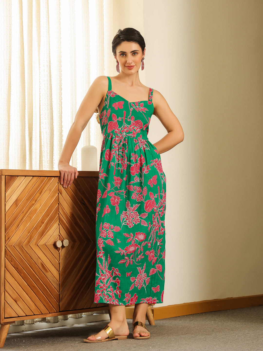 Grey Cotton Printed Sweetheart Neck Dress For Women