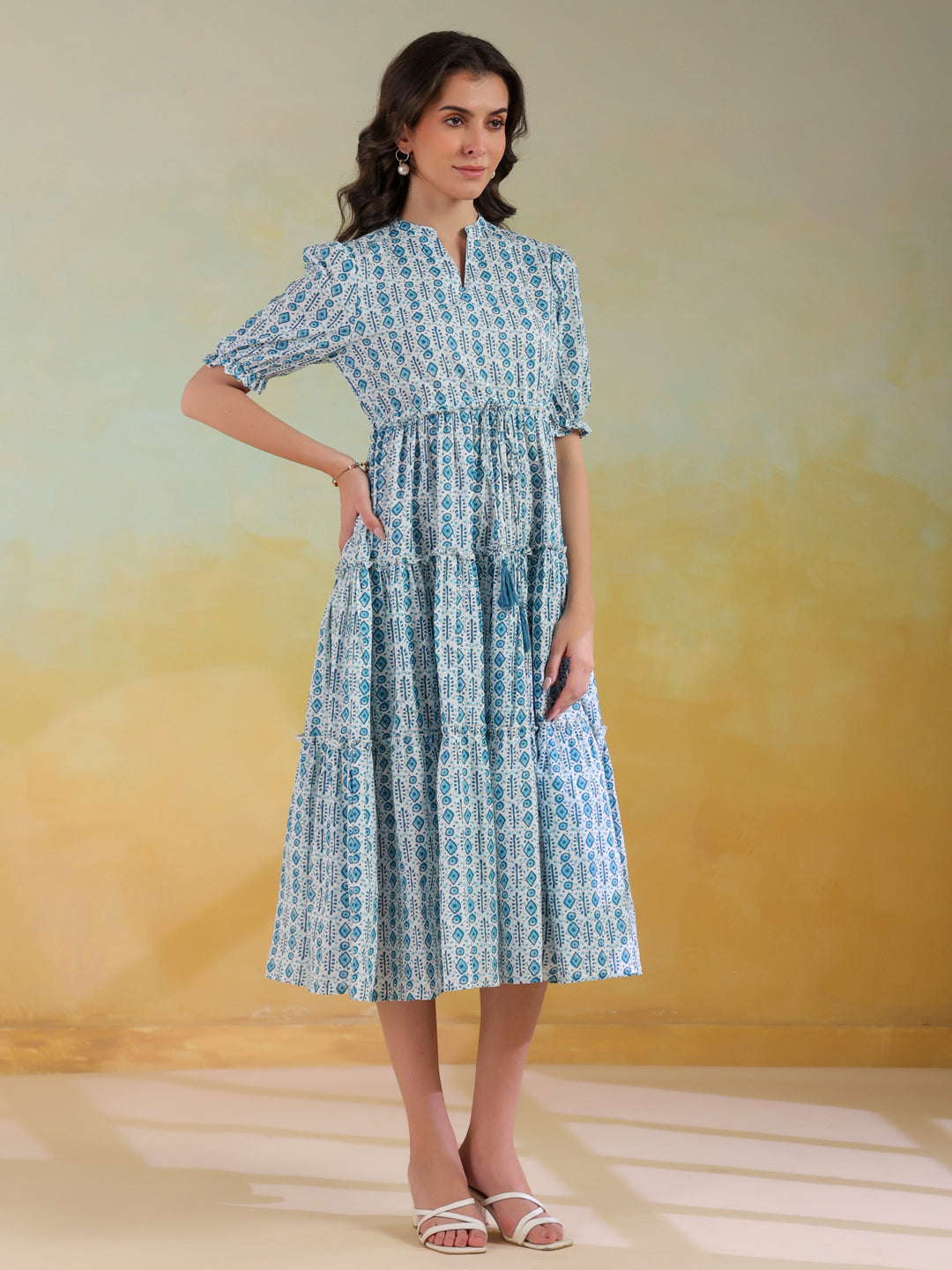 Blue Color Geometric Printed Cotton Dress For Women